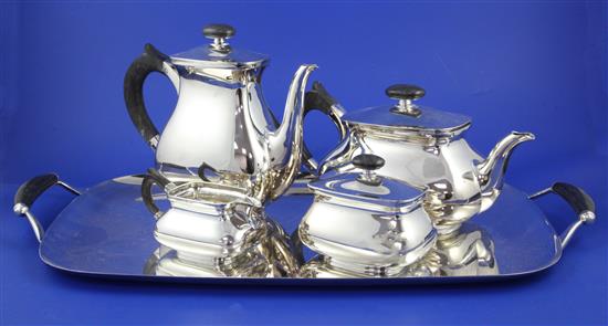 A 20th century stylish German sterling silver five piece tea and coffee service by Koch & Bergfeld, gross 121.5 oz.